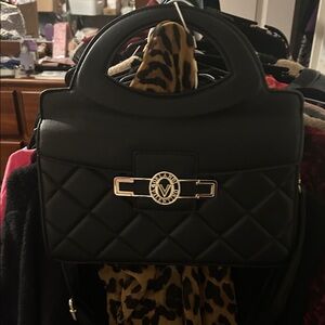Valentino Orlandi Quilted Black Satchel with Gold Emblem